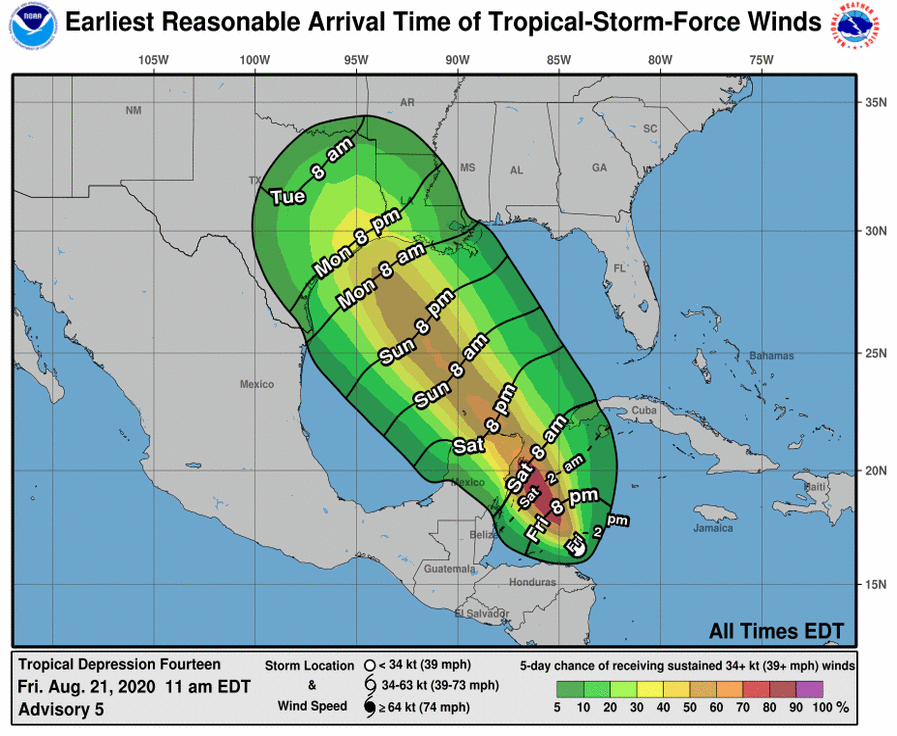 TD14 Earliest Arrival of Tropical Storm Force Winds